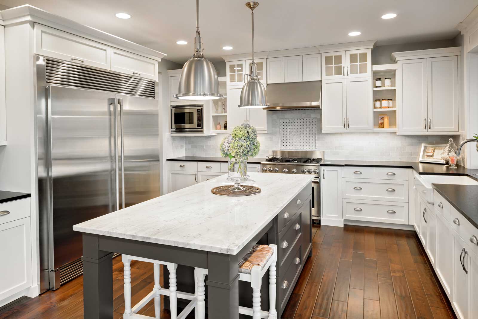 A bright, newly renovated white kitchen